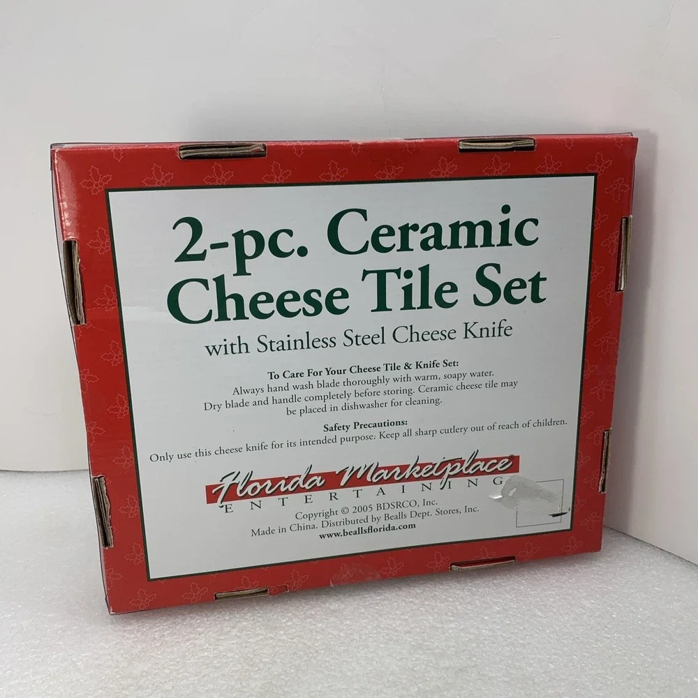 Vintage Ceramic Christmas Cheese Title Set Knife Green Board Gift, NEW